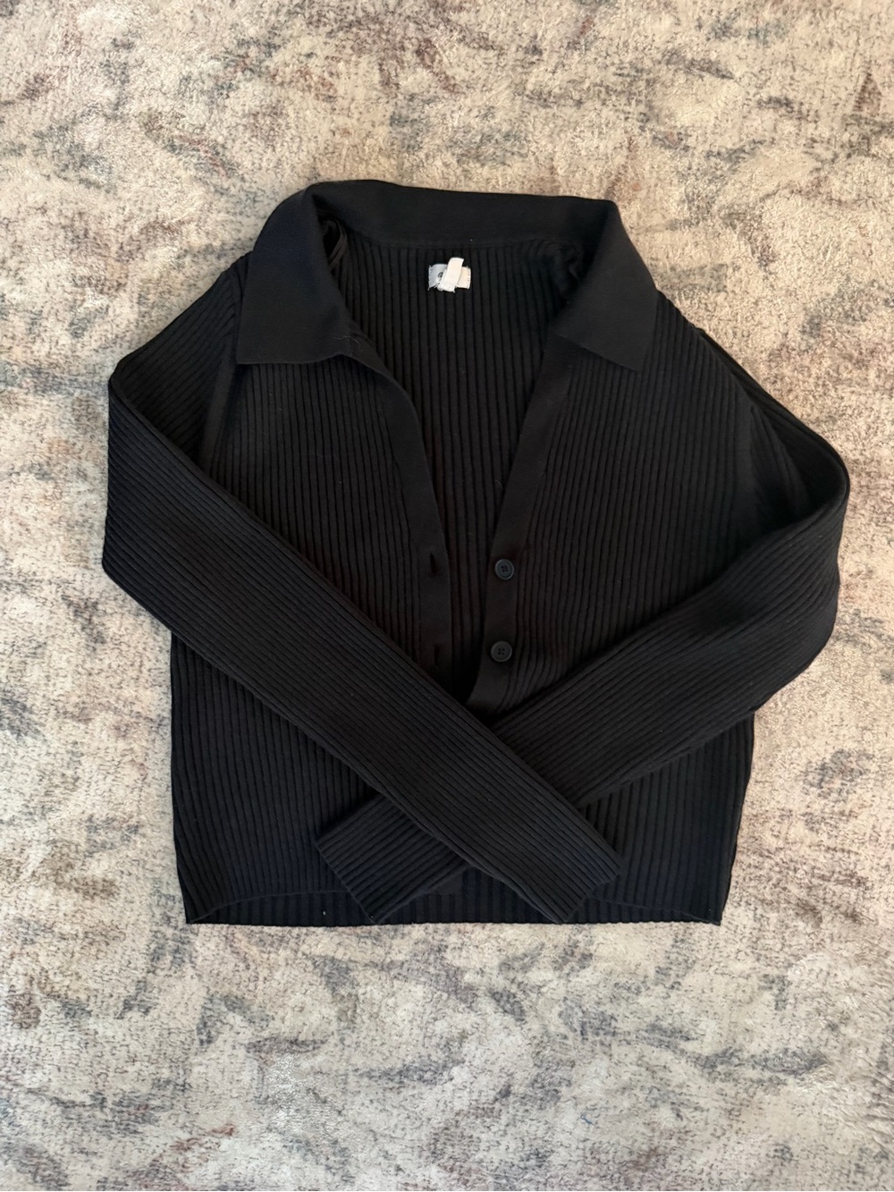 Aerie Black Ribbed Button-Up Sweater with Collar